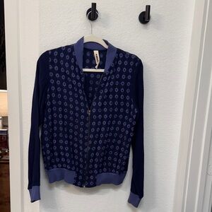 Anthropologie Navy and Light Blue Patterned bomber jacket